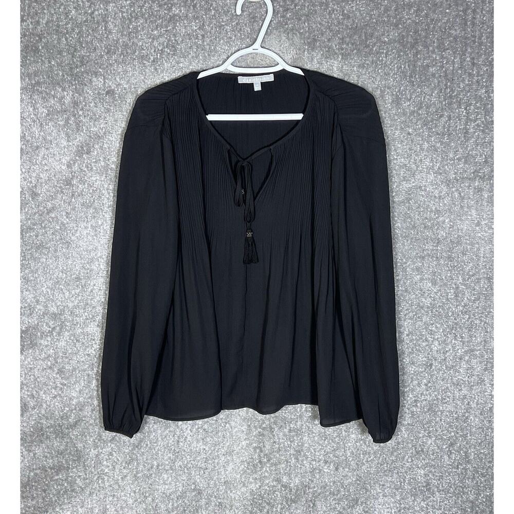 Daniel Rainn Top Womens Size‎ XS Black Plisse Chiffon Semi Sheer Tassel Keyhole